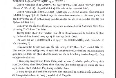 THƯ MỜI CHÀO GIÁ DỊCH VỤ CUNG CẤP SUẤT ĂN CHO HỌC SINH BÁN TRÚ